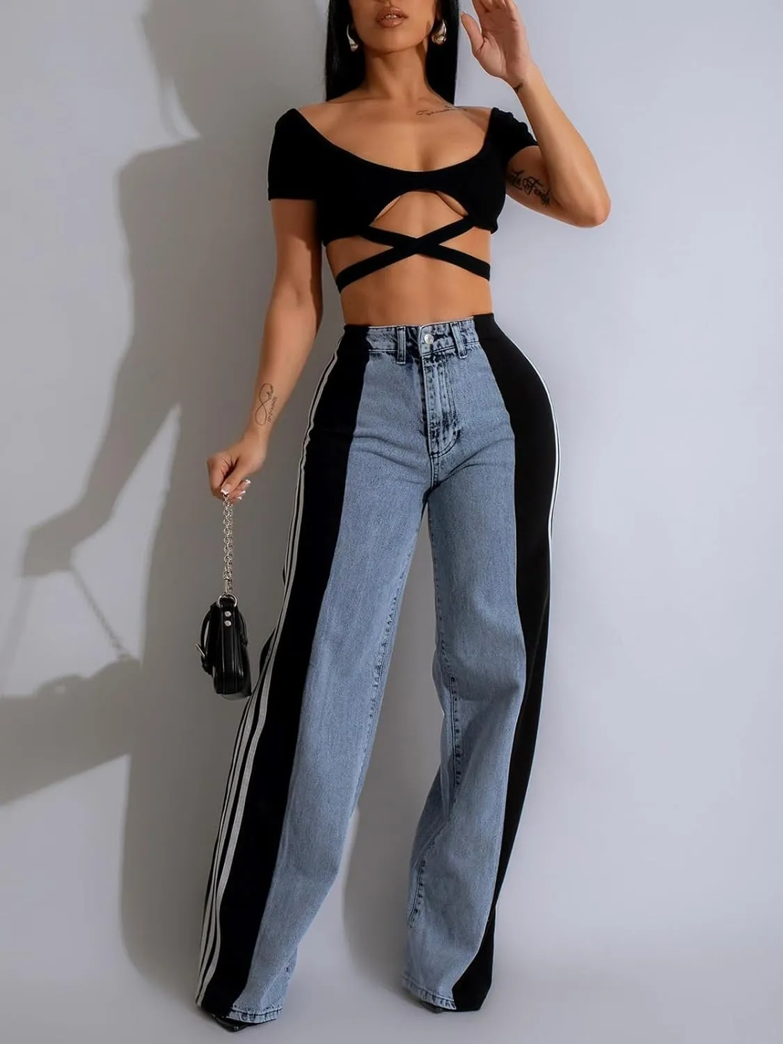 KANSOON Jeans for Women with Patchwork Stripes High Waisted Straight Stretchy Loose Color Block Wide Leg Denim Pants
