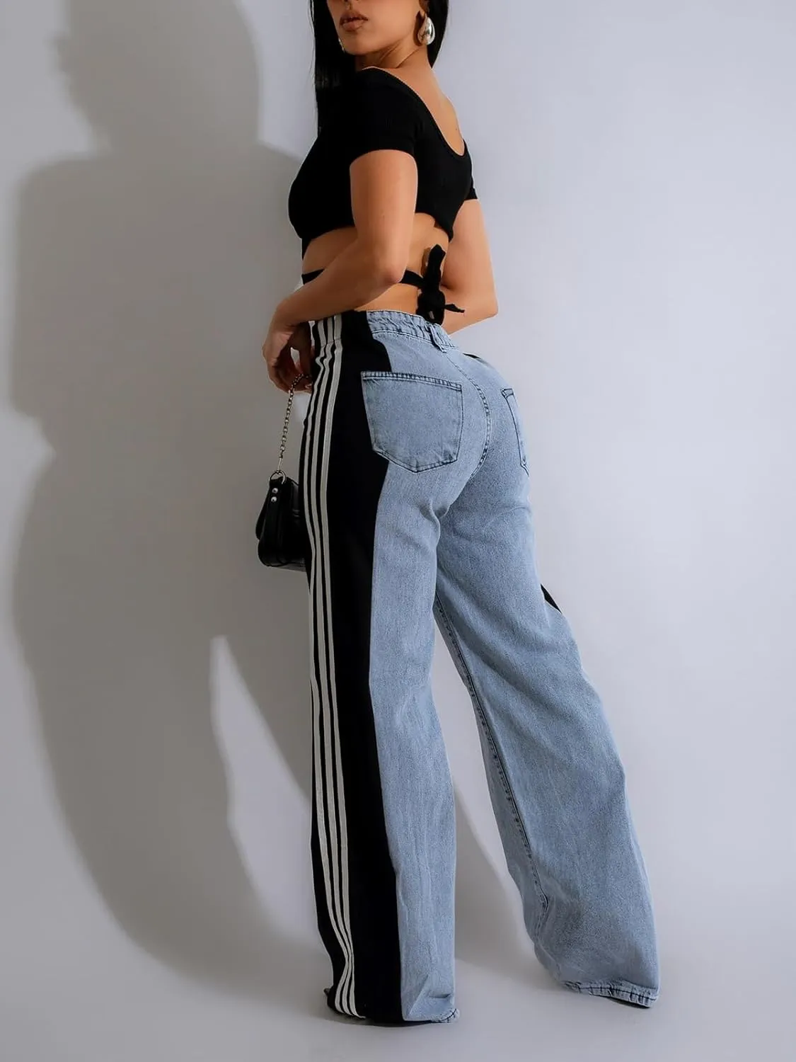 KANSOON Jeans for Women with Patchwork Stripes High Waisted Straight Stretchy Loose Color Block Wide Leg Denim Pants