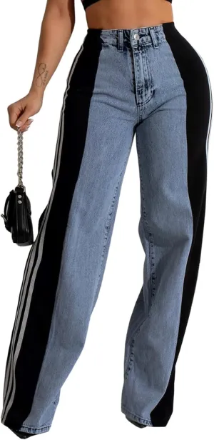 KANSOON Jeans for Women with Patchwork Stripes High Waisted Straight Stretchy Loose Color Block Wide Leg Denim Pants