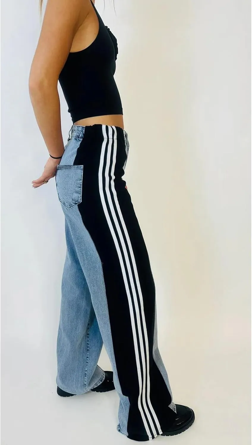 KANSOON Jeans for Women with Patchwork Stripes High Waisted Straight Stretchy Loose Color Block Wide Leg Denim Pants