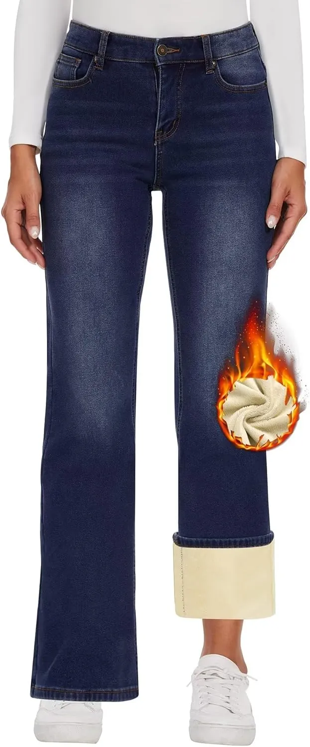 KDF Fleece Lined Jeans Women High Waisted Wide Leg Baggy Jeans for Women Winter Lined Jean Pants