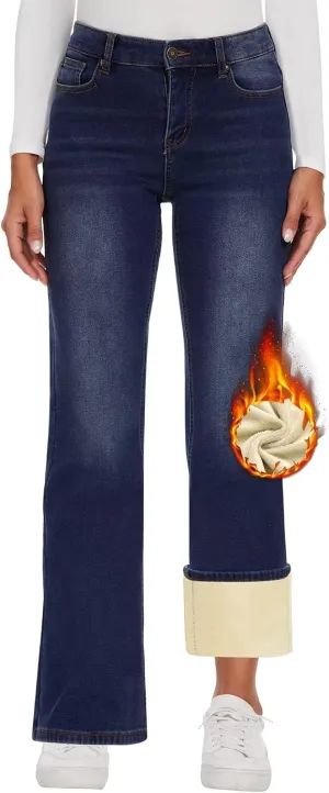 KDF Fleece Lined Jeans Women High Waisted Wide Leg Baggy Jeans for Women Winter Lined Jean Pants