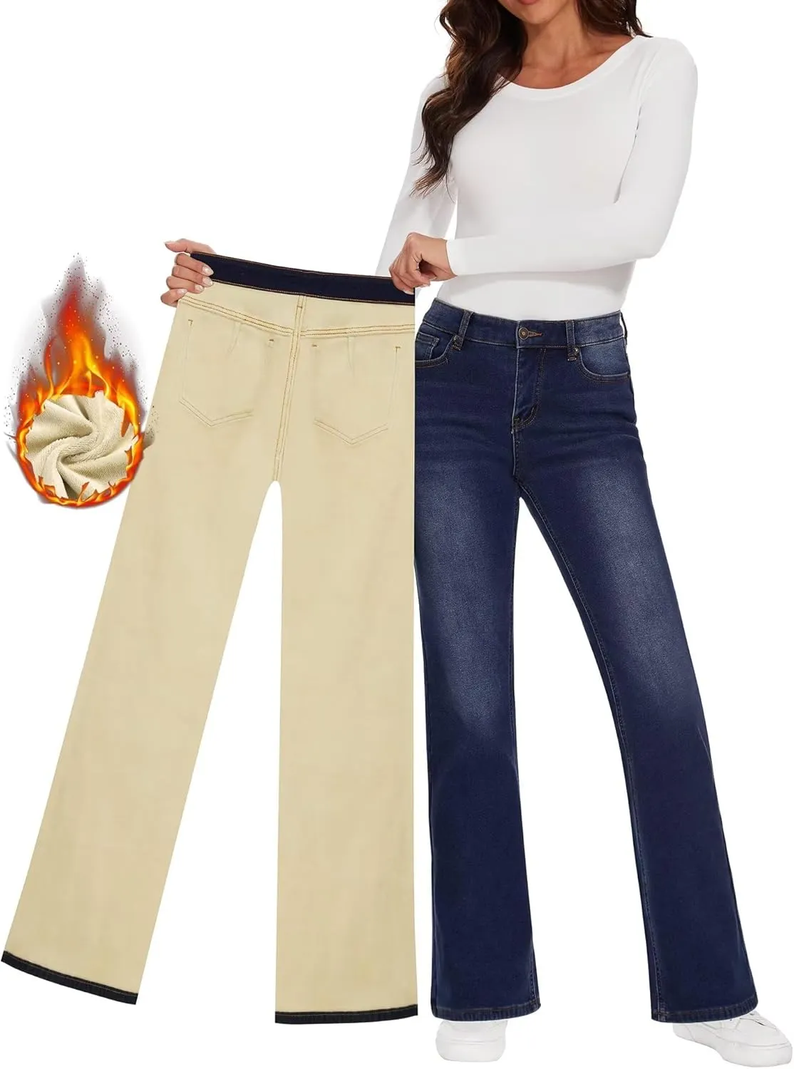 KDF Fleece Lined Jeans Women High Waisted Wide Leg Baggy Jeans for Women Winter Lined Jean Pants