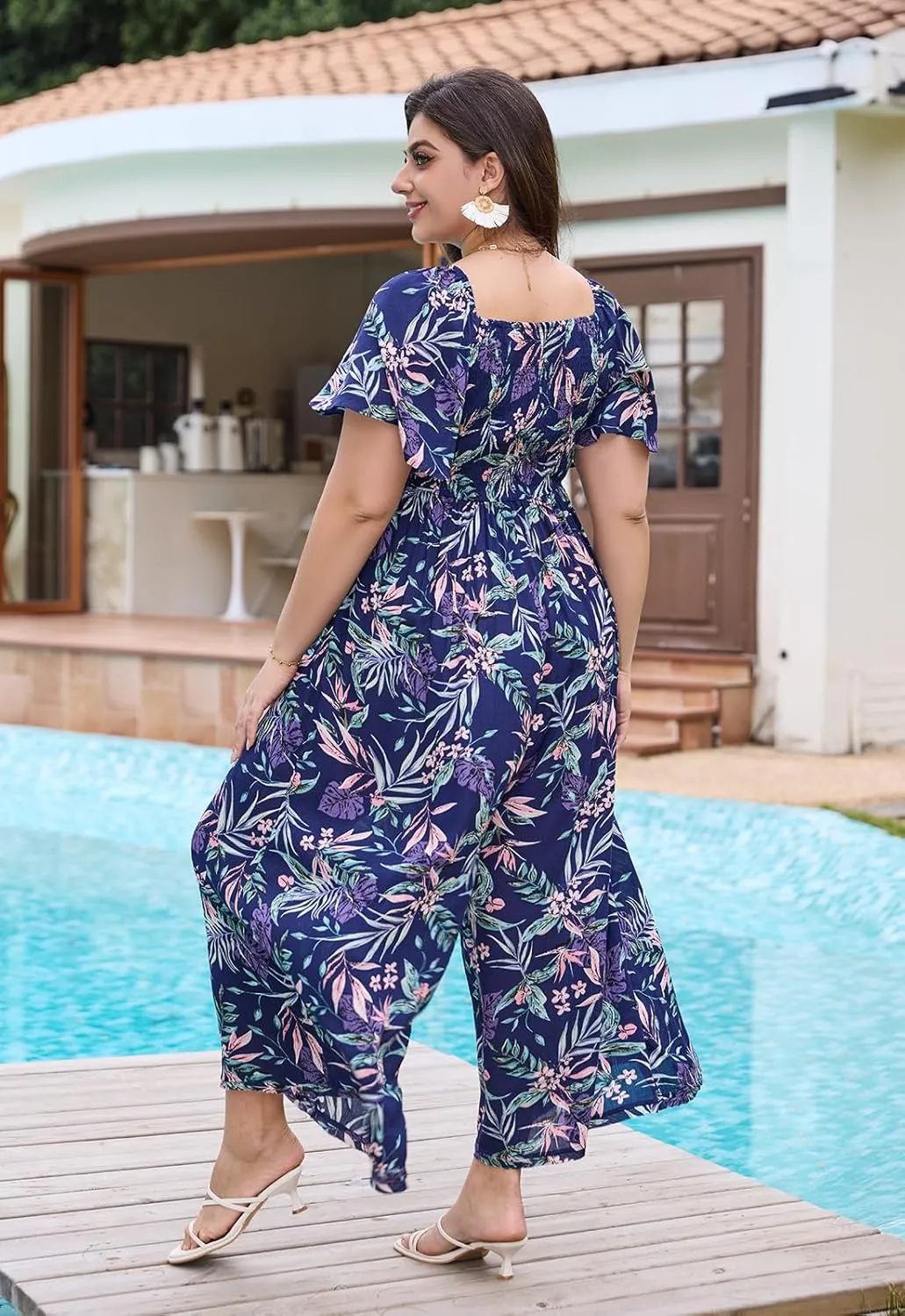 Keluummi Plus Size Wedding Guest Jumpsuits for Curvy Women, Summer Casual Floral Wide Leg Pants Empire Waist Rompers, Pockets