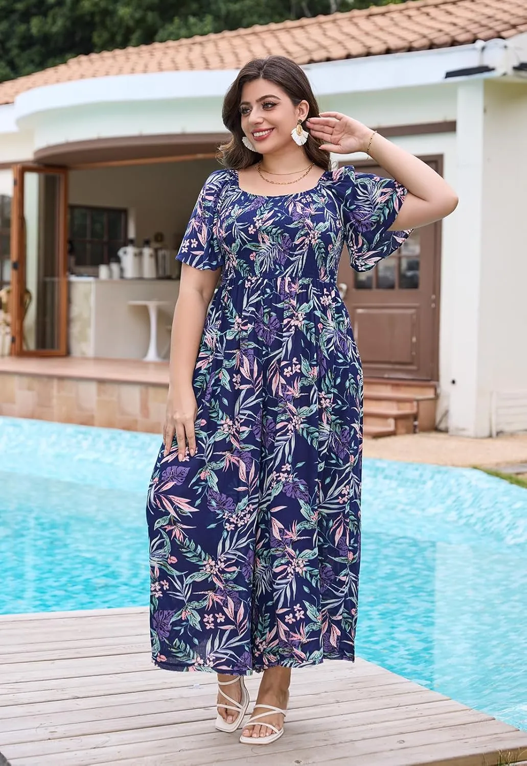 Keluummi Plus Size Wedding Guest Jumpsuits for Curvy Women, Summer Casual Floral Wide Leg Pants Empire Waist Rompers, Pockets