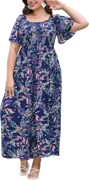 Keluummi Plus Size Wedding Guest Jumpsuits for Curvy Women, Summer Casual Floral Wide Leg Pants Empire Waist Rompers, Pockets