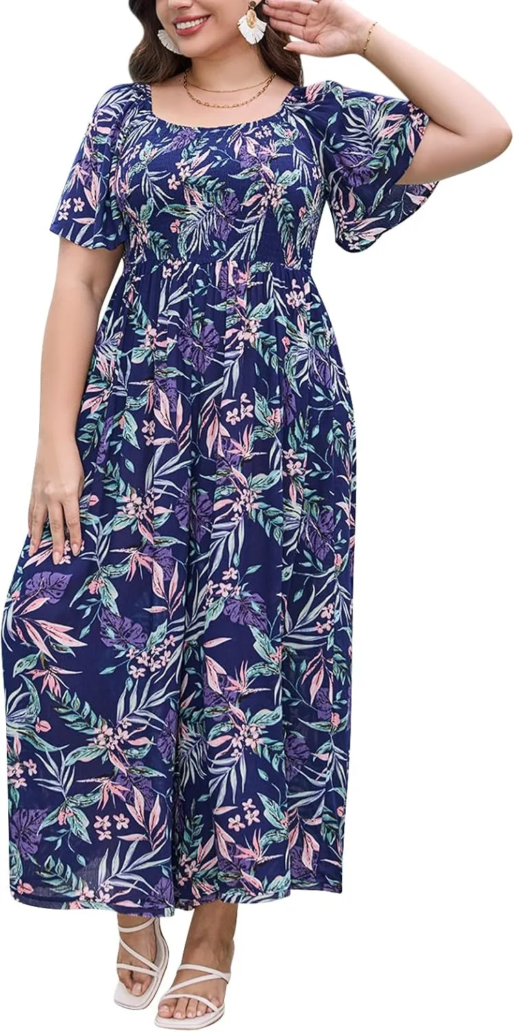 Keluummi Plus Size Wedding Guest Jumpsuits for Curvy Women, Summer Casual Floral Wide Leg Pants Empire Waist Rompers, Pockets