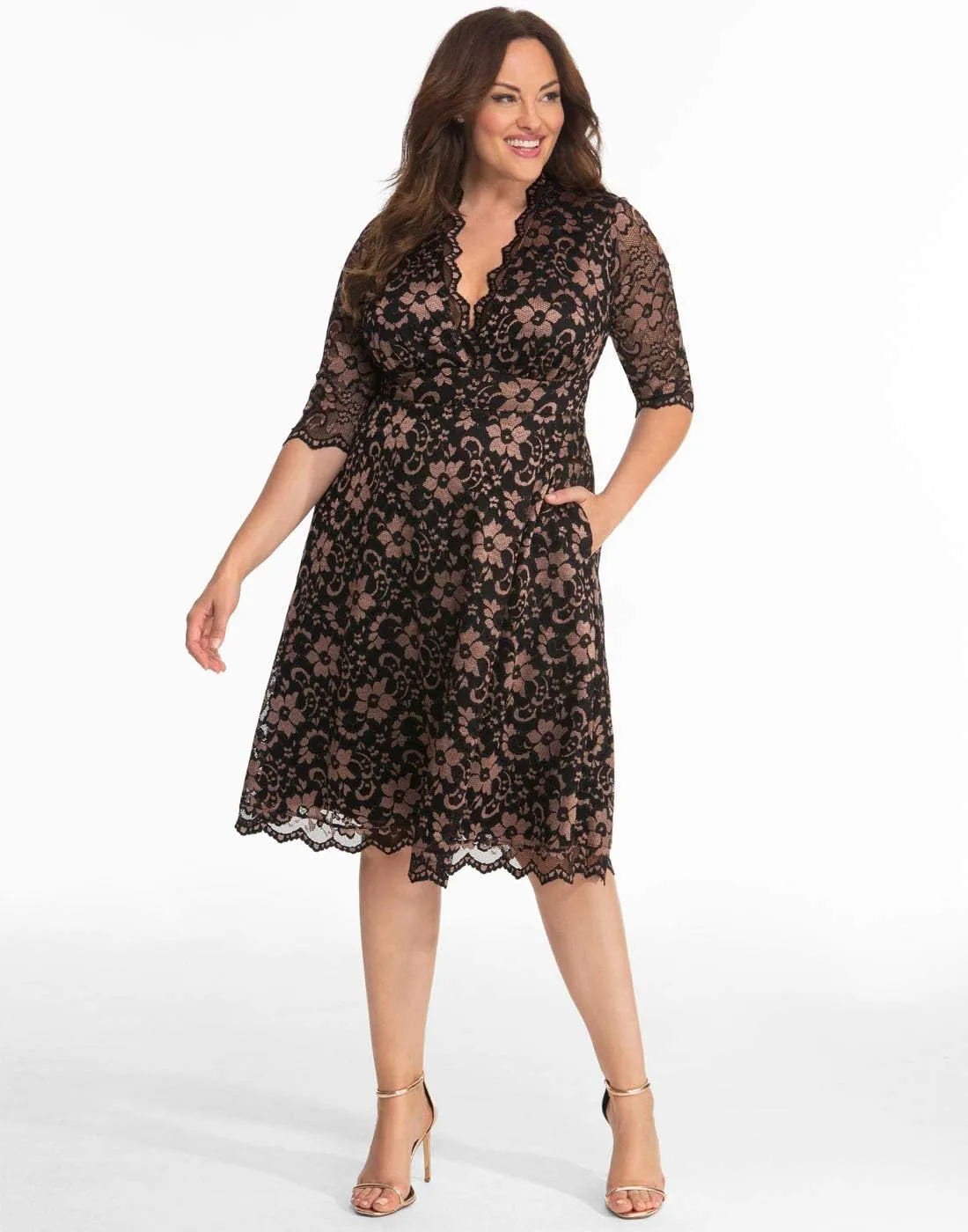Kiyonna Women's Plus Size Mon Cherie Lace Dress, A-Line Midi Semi-Formal or Formal Cocktail Party Dress for Wedding Guest