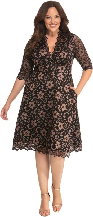 Kiyonna Women's Plus Size Mon Cherie Lace Dress, A-Line Midi Semi-Formal or Formal Cocktail Party Dress for Wedding Guest