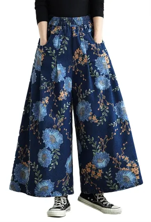 LAI MENG FIVE CATS Women's Loose Elastic Waist Wide Leg Denim Pants with Double Pockets