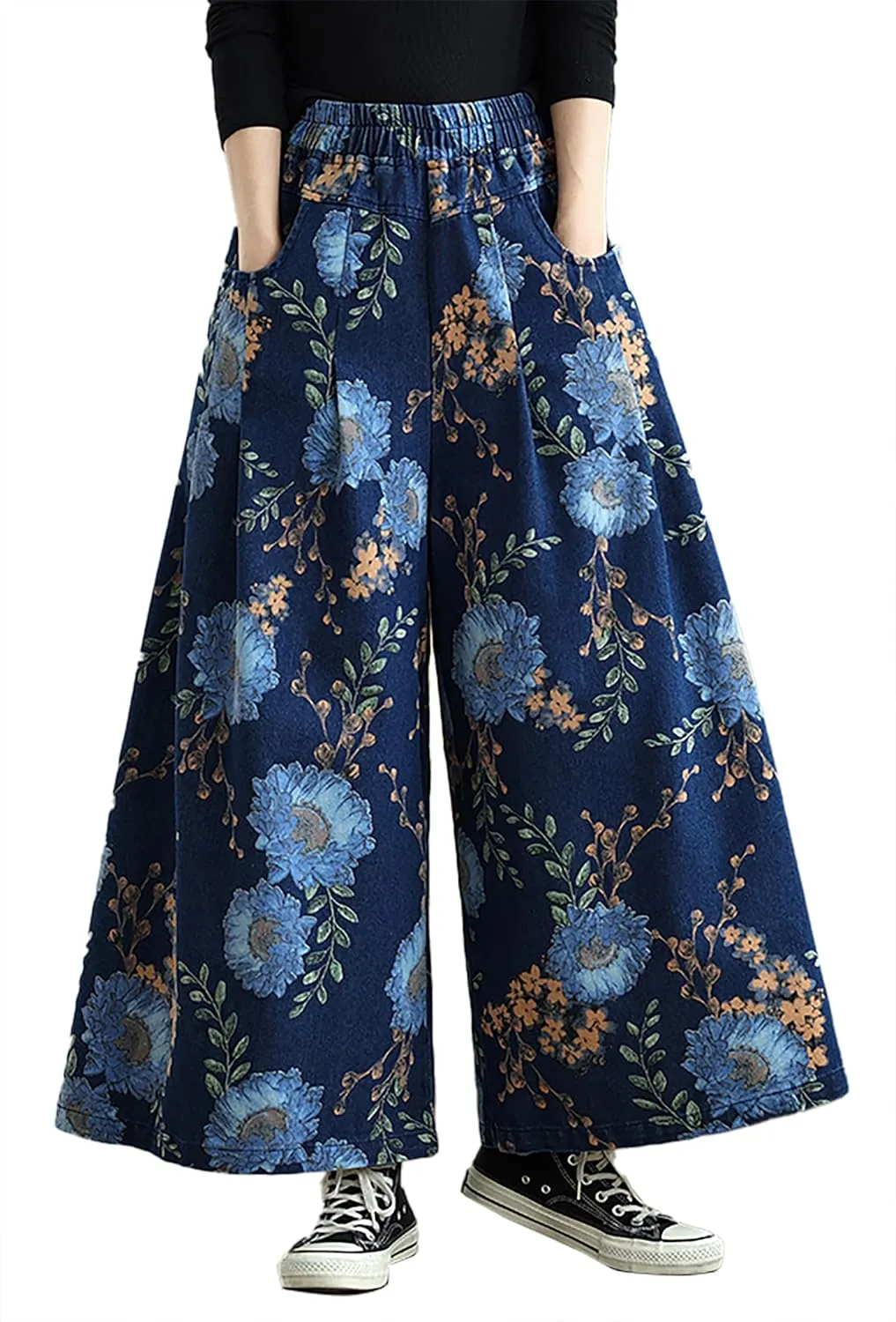 LAI MENG FIVE CATS Women's Loose Elastic Waist Wide Leg Denim Pants with Double Pockets
