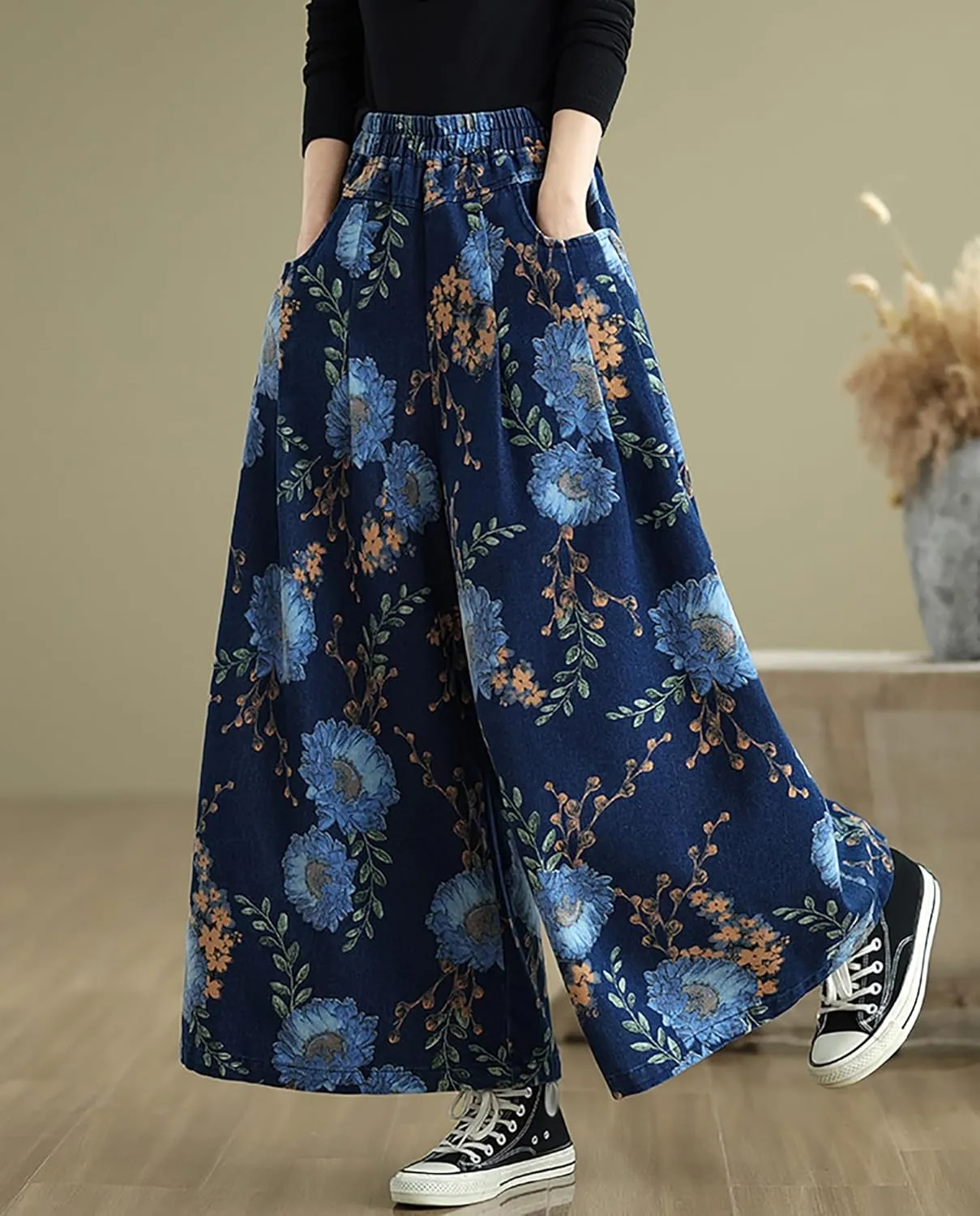 LAI MENG FIVE CATS Women's Loose Elastic Waist Wide Leg Denim Pants with Double Pockets