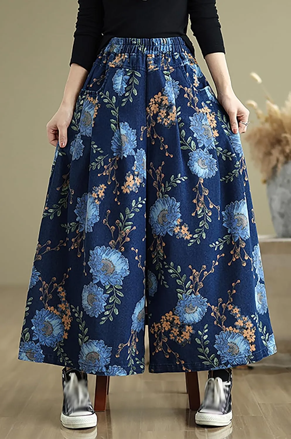 LAI MENG FIVE CATS Women's Loose Elastic Waist Wide Leg Denim Pants with Double Pockets