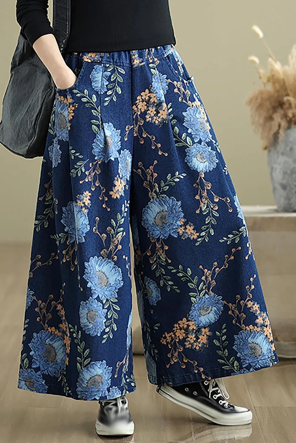 LAI MENG FIVE CATS Women's Loose Elastic Waist Wide Leg Denim Pants with Double Pockets
