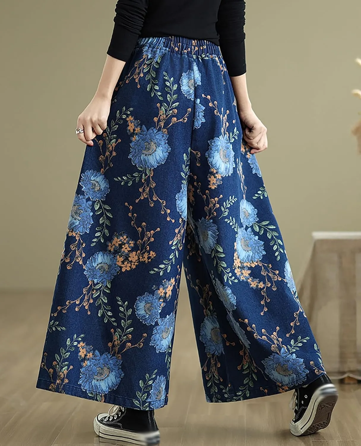 LAI MENG FIVE CATS Women's Loose Elastic Waist Wide Leg Denim Pants with Double Pockets