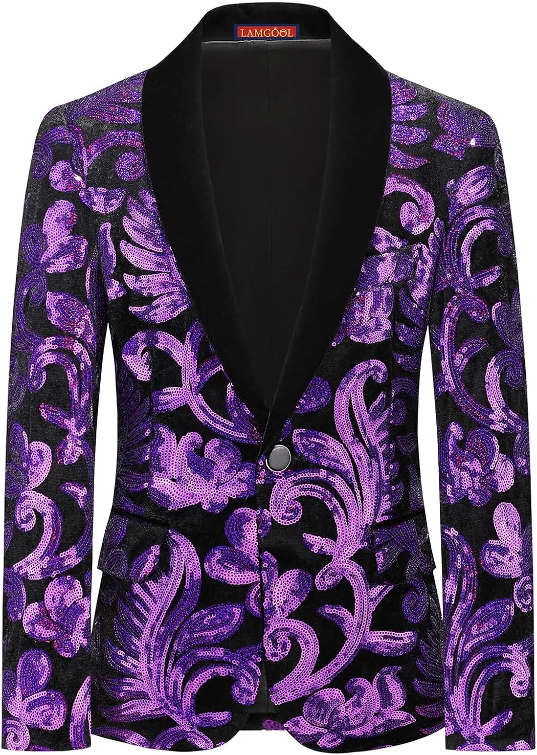 Lamgool Boys Tuxedo Suit Slim Fit Formal Set 2 Pieces with Floral Jacquard Sequin Blazer Black Pants for Kids Prom Wedding