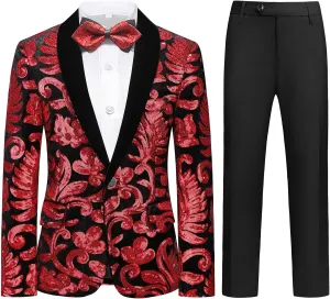 Lamgool Boys Tuxedo Suit Slim Fit Formal Set 2 Pieces with Floral Jacquard Sequin Blazer Black Pants for Kids Prom Wedding