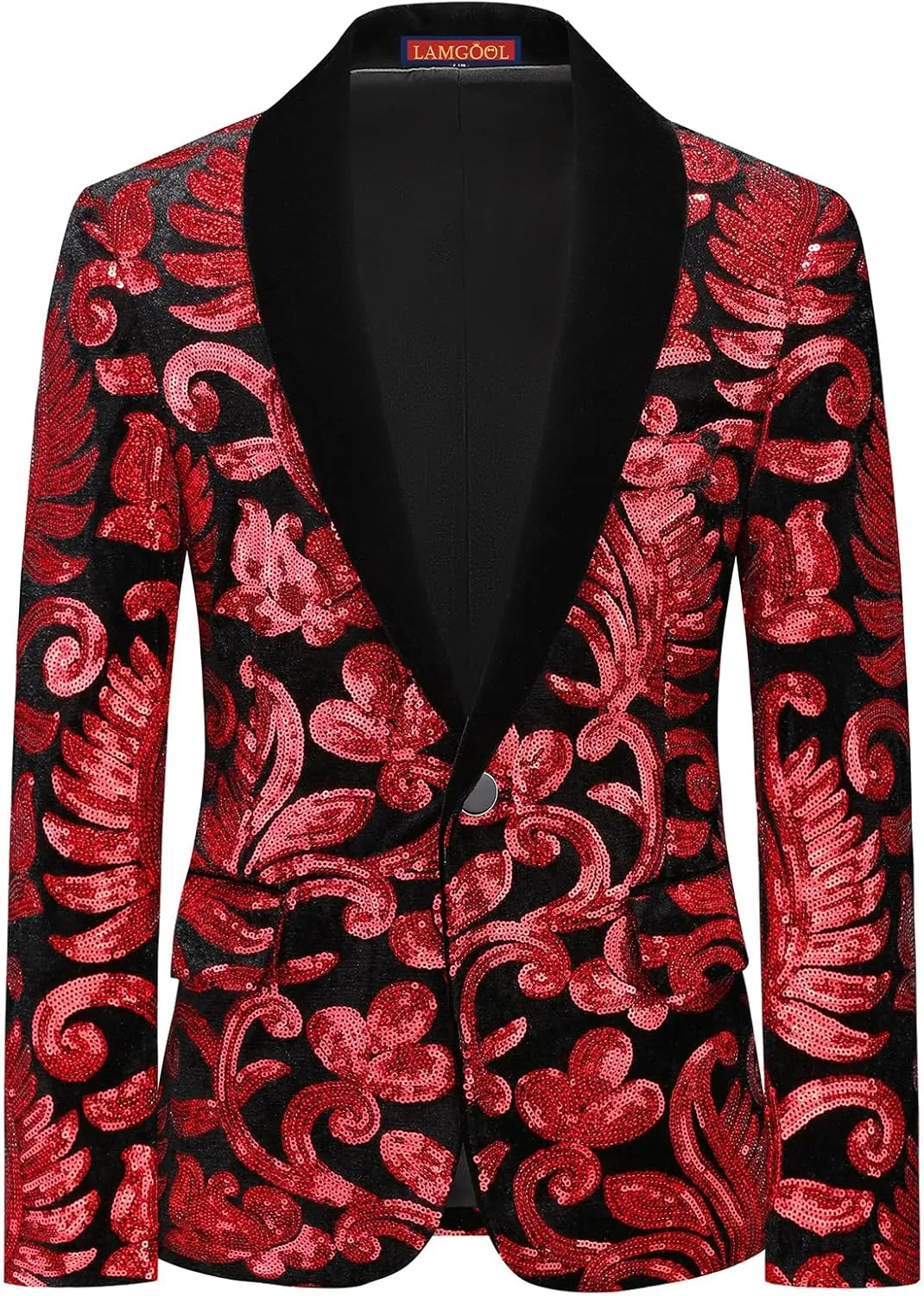 Lamgool Boys Tuxedo Suit Slim Fit Formal Set 2 Pieces with Floral Jacquard Sequin Blazer Black Pants for Kids Prom Wedding
