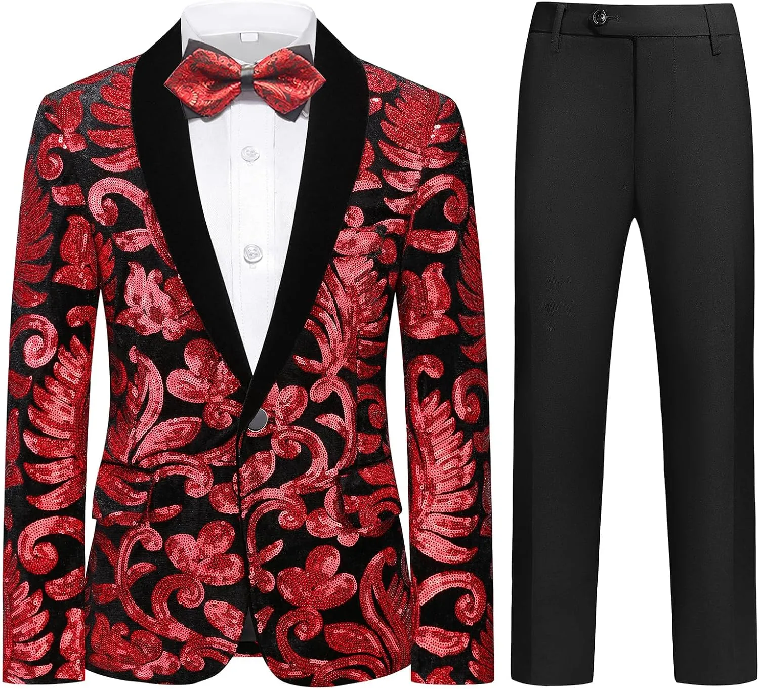 Lamgool Boys Tuxedo Suit Slim Fit Formal Set 2 Pieces with Floral Jacquard Sequin Blazer Black Pants for Kids Prom Wedding