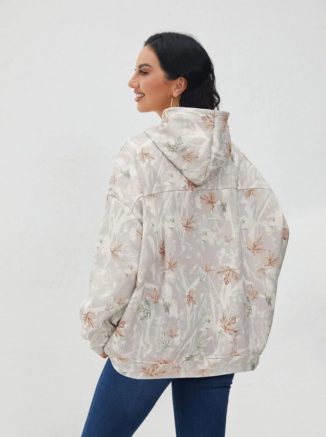 Light Camo Hoodie Womens Graphic Maple Leaf Print Sweatshirt for Women Trendy Oversized Fleece Hoodies with Pockets