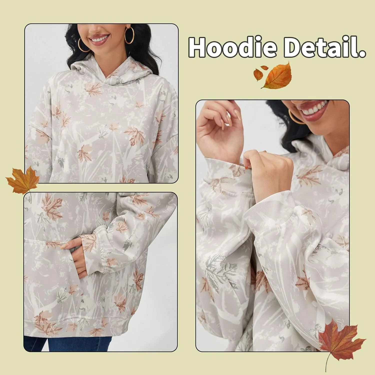 Light Camo Hoodie Womens Graphic Maple Leaf Print Sweatshirt for Women Trendy Oversized Fleece Hoodies with Pockets
