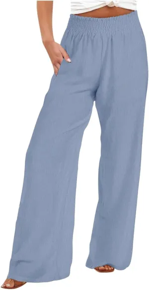 Linen Pants for Women Smocked High Waisted Flowy Palazzo Pants Casual Wide Leg Trousers with Pockets Summer Clothes