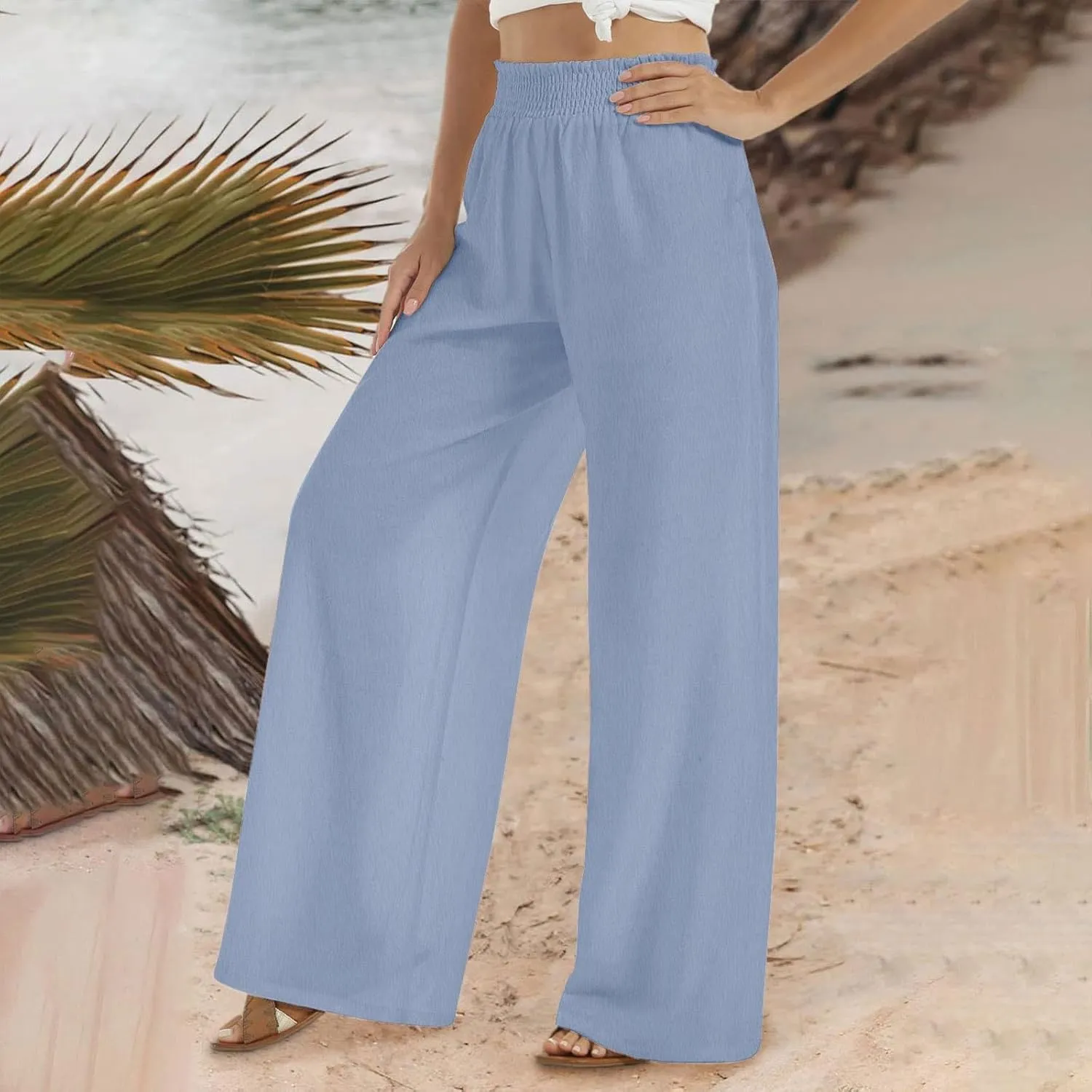 Linen Pants for Women Smocked High Waisted Flowy Palazzo Pants Casual Wide Leg Trousers with Pockets Summer Clothes