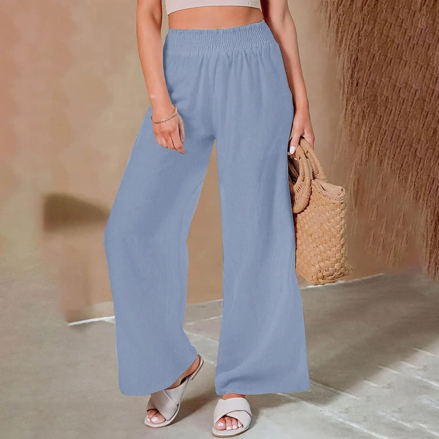 Linen Pants for Women Smocked High Waisted Flowy Palazzo Pants Casual Wide Leg Trousers with Pockets Summer Clothes