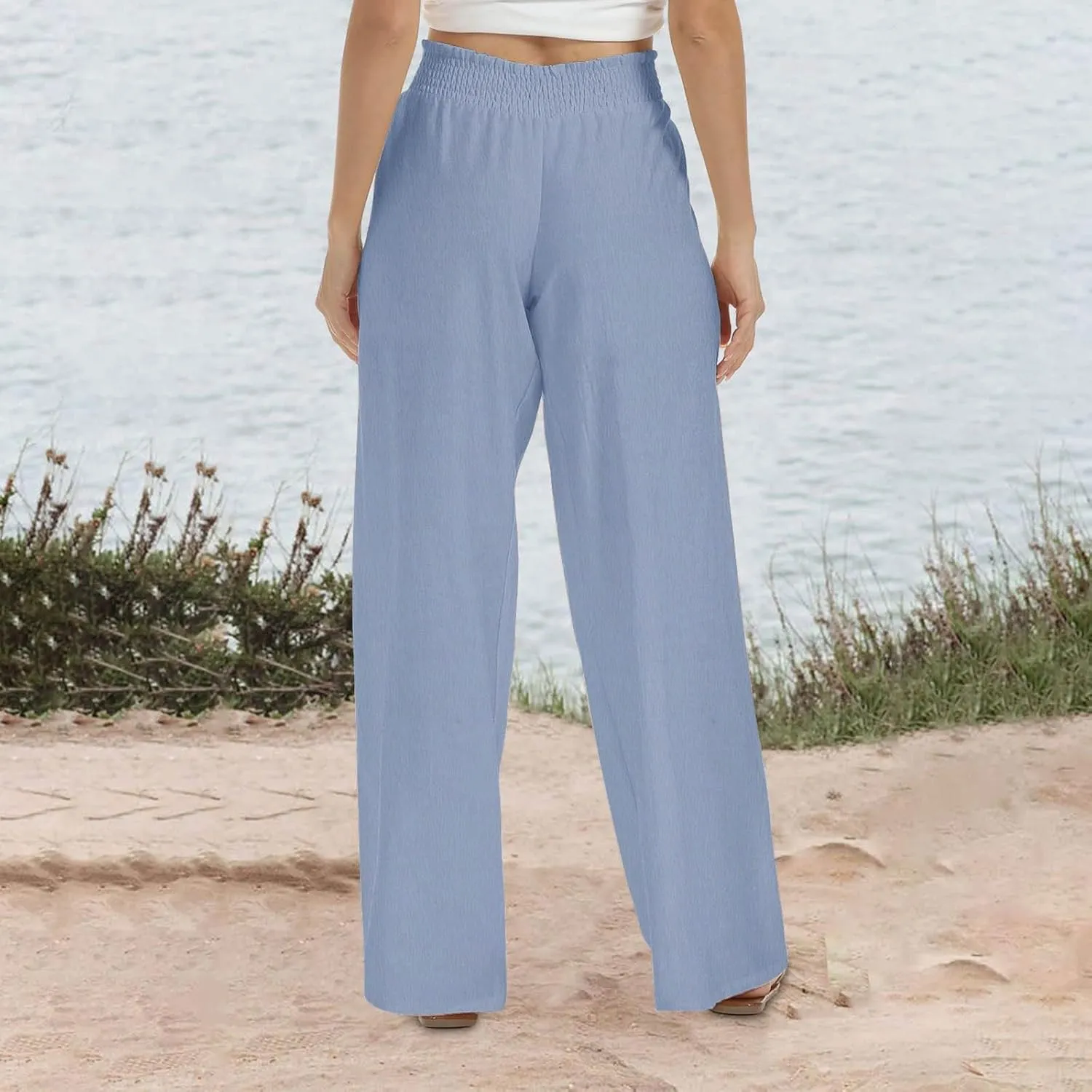 Linen Pants for Women Smocked High Waisted Flowy Palazzo Pants Casual Wide Leg Trousers with Pockets Summer Clothes