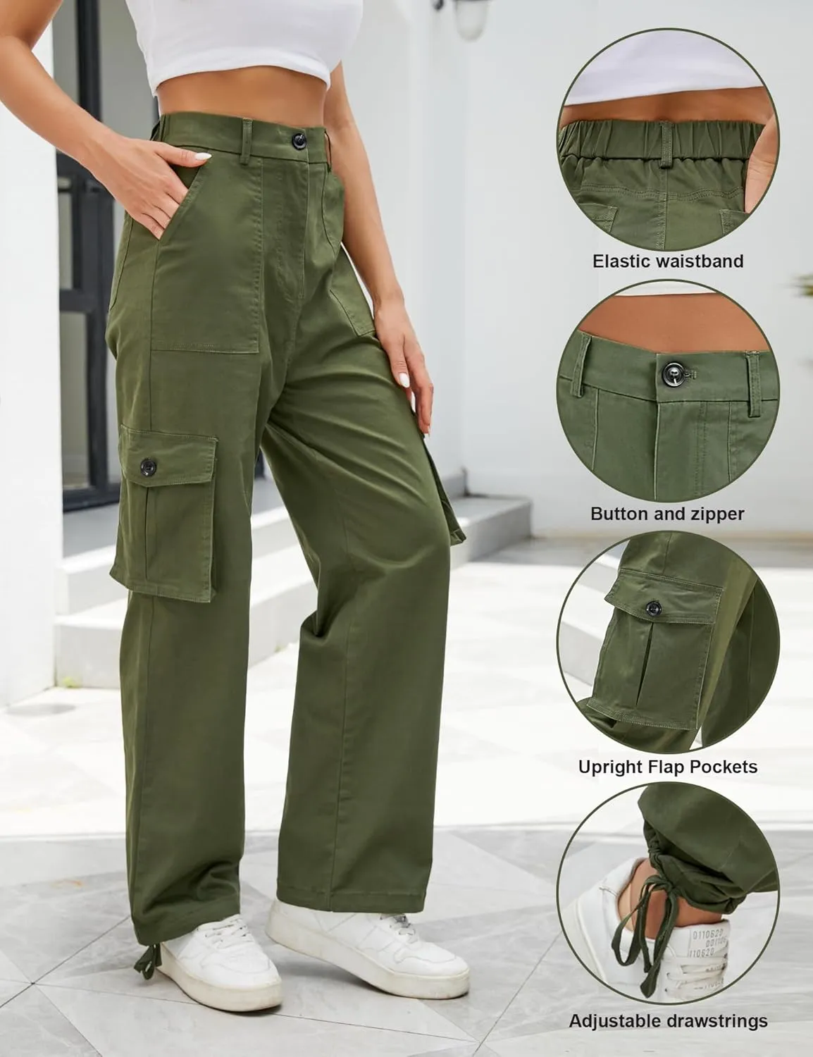 LOCUBE Women's High Waist Wide Leg Cargo Hiking Pants Casual Tactical Style with 6 Pockets