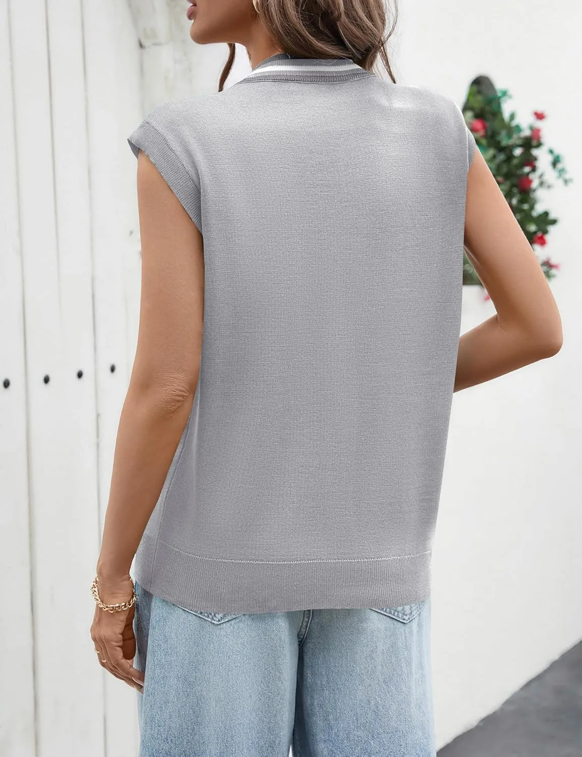 LOMON Sweater Vest Women 2025 Cap Sleeve Striped V Neck Tank Tops Trendy Summer Button Down Knit Cardigan Top with Pockets