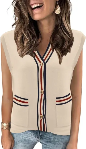 LOMON Sweater Vest Women 2025 Cap Sleeve Striped V Neck Tank Tops Trendy Summer Button Down Knit Cardigan Top with Pockets