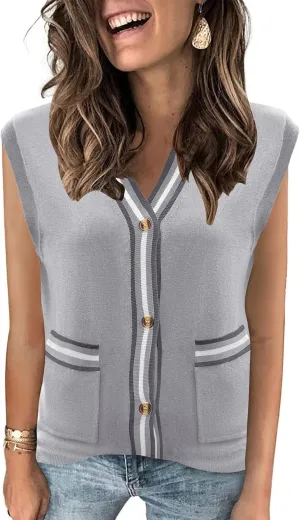 LOMON Sweater Vest Women 2025 Cap Sleeve Striped V Neck Tank Tops Trendy Summer Button Down Knit Cardigan Top with Pockets