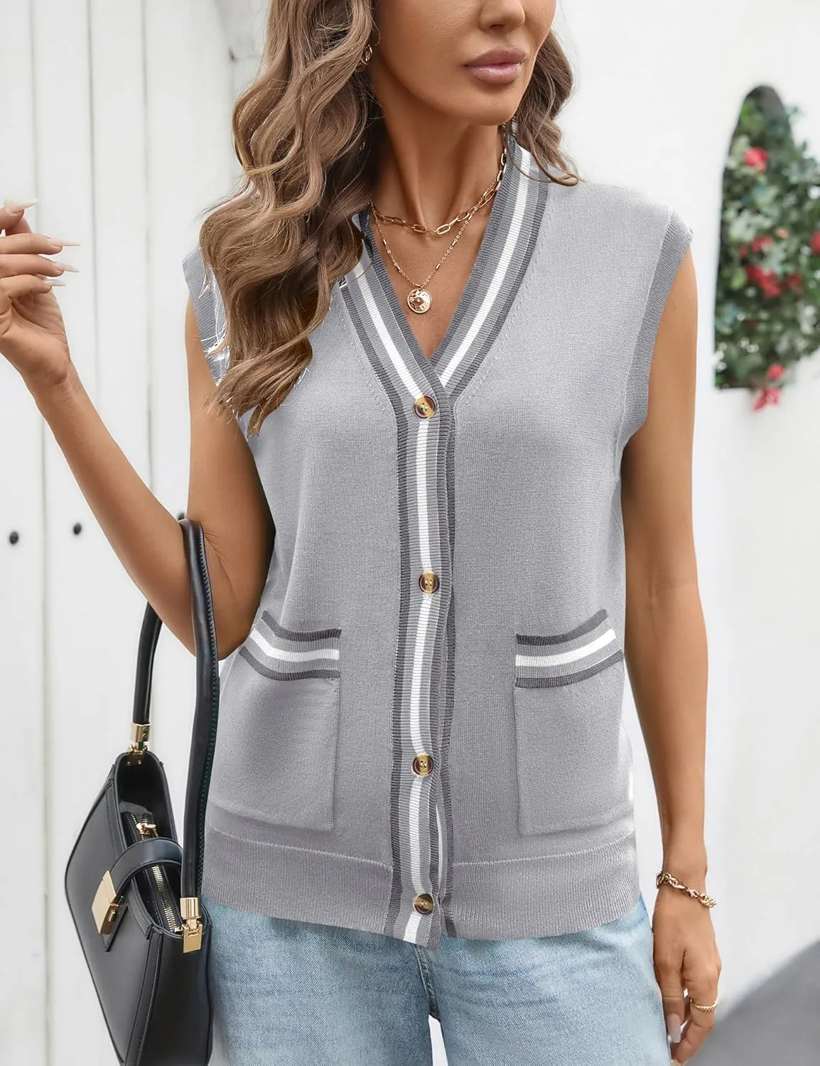 LOMON Sweater Vest Women 2025 Cap Sleeve Striped V Neck Tank Tops Trendy Summer Button Down Knit Cardigan Top with Pockets