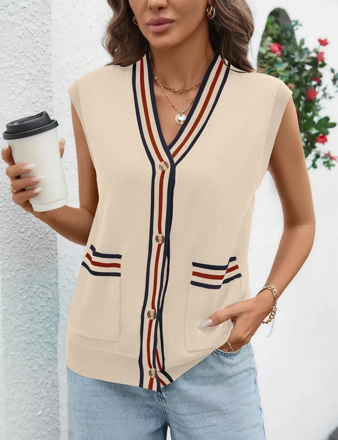 LOMON Sweater Vest Women 2025 Cap Sleeve Striped V Neck Tank Tops Trendy Summer Button Down Knit Cardigan Top with Pockets