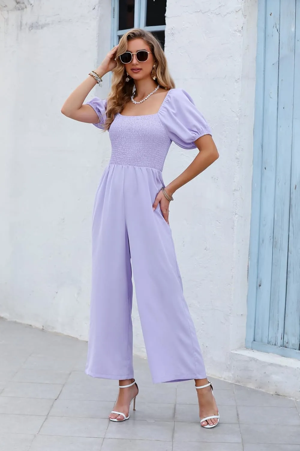 Love Welove Fashion Jumpsuits for Women Dressy Short Sleeve Smocked High Waist Wide Leg Pants Loose Romper Outfits