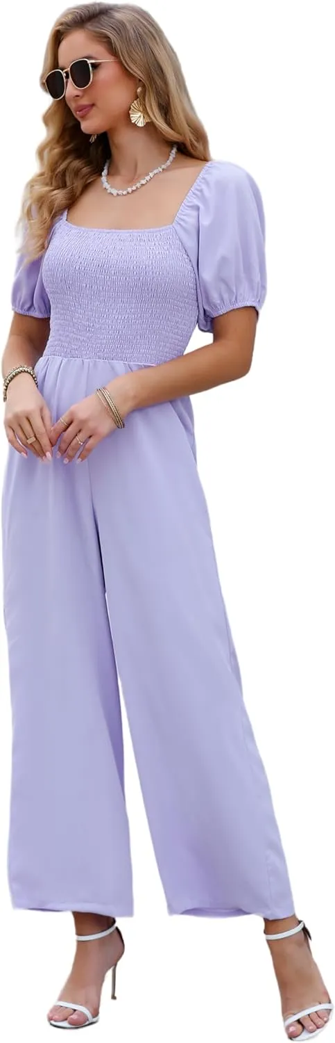Love Welove Fashion Jumpsuits for Women Dressy Short Sleeve Smocked High Waist Wide Leg Pants Loose Romper Outfits