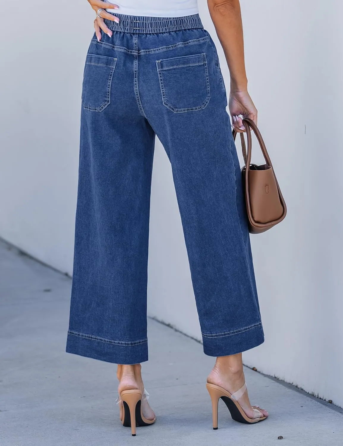 luvamia Wide Leg Jeans for Women High Waisted Cropped Pull On Jeans Elastic Wasit Drawstring Stretch Denim Trouser Pants