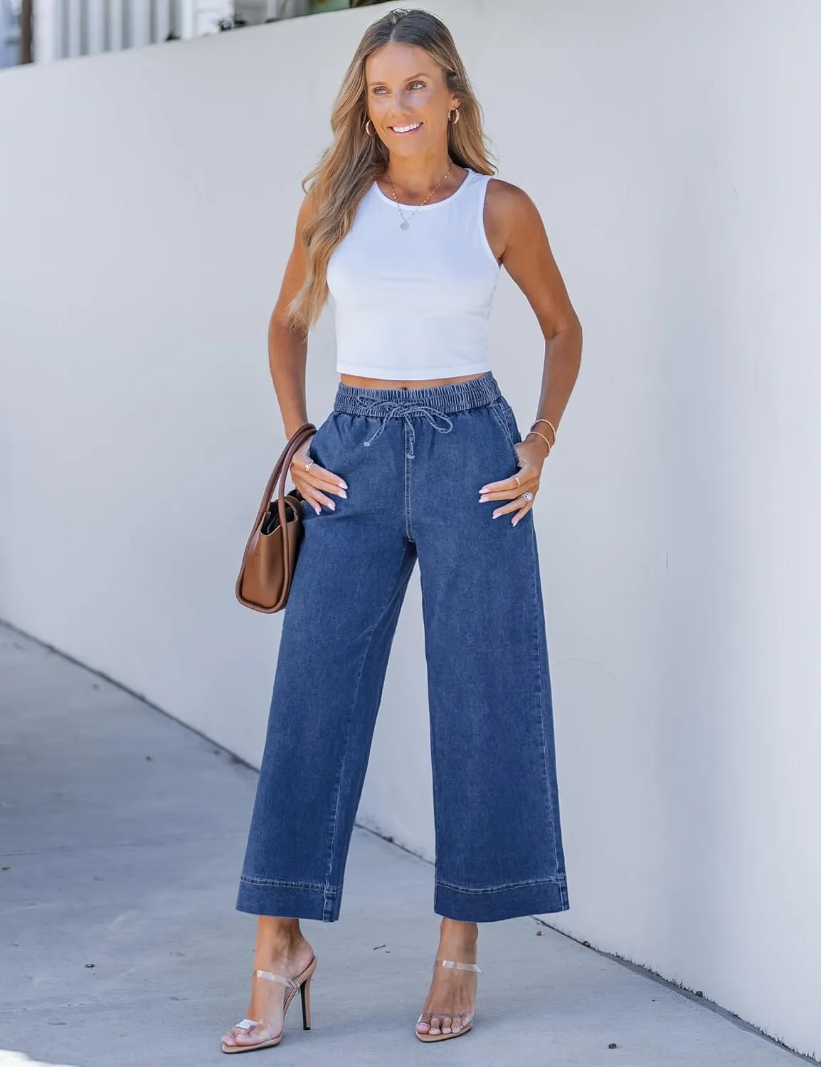 luvamia Wide Leg Jeans for Women High Waisted Cropped Pull On Jeans Elastic Wasit Drawstring Stretch Denim Trouser Pants