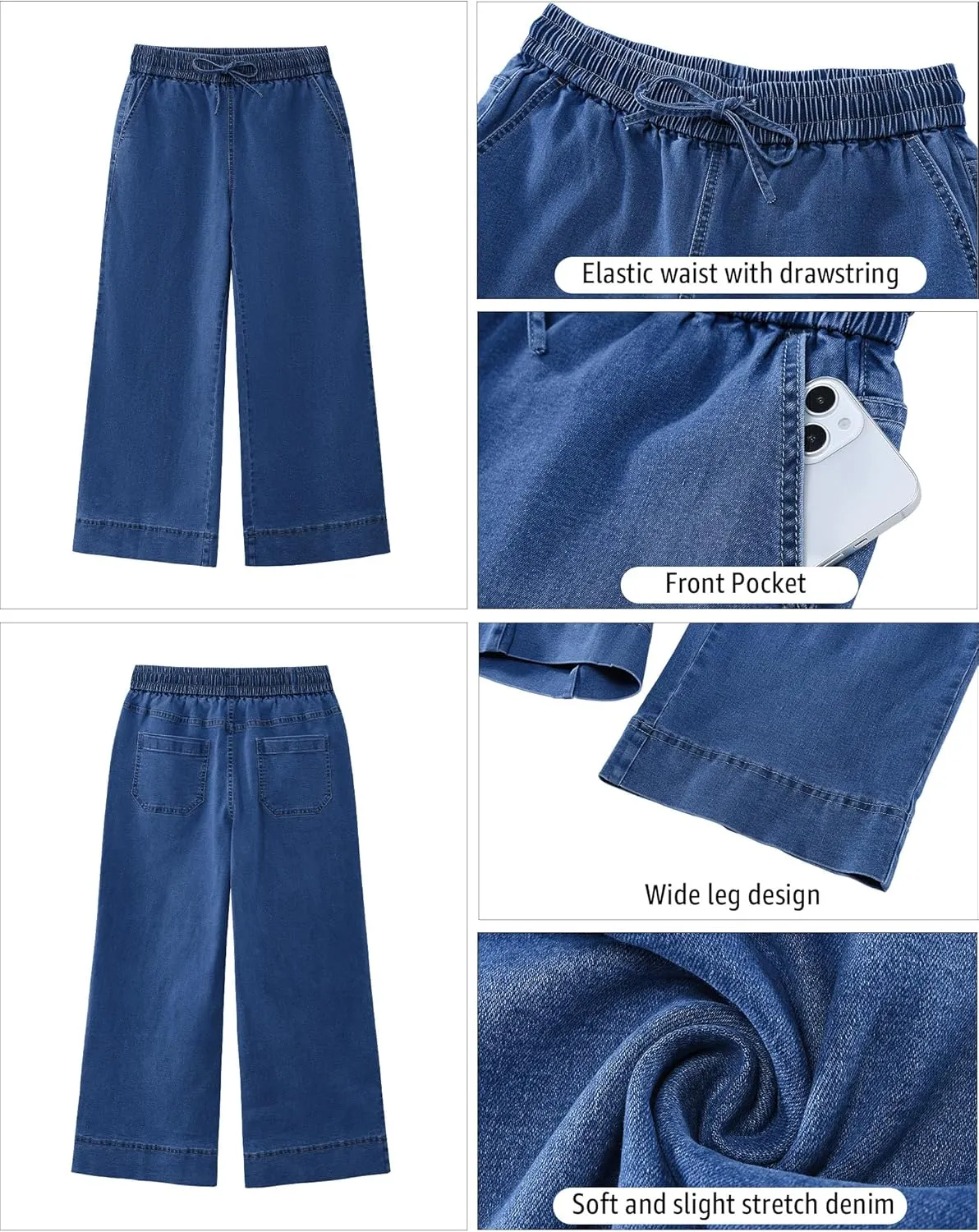 luvamia Wide Leg Jeans for Women High Waisted Cropped Pull On Jeans Elastic Wasit Drawstring Stretch Denim Trouser Pants