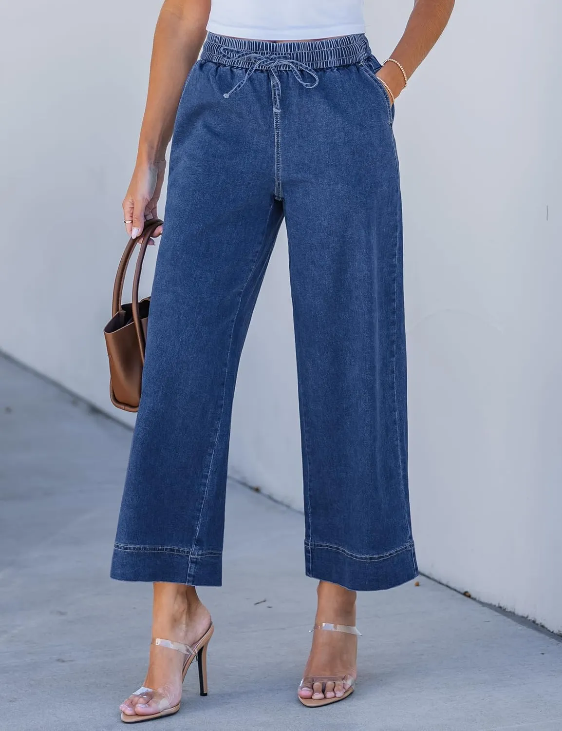 luvamia Wide Leg Jeans for Women High Waisted Cropped Pull On Jeans Elastic Wasit Drawstring Stretch Denim Trouser Pants
