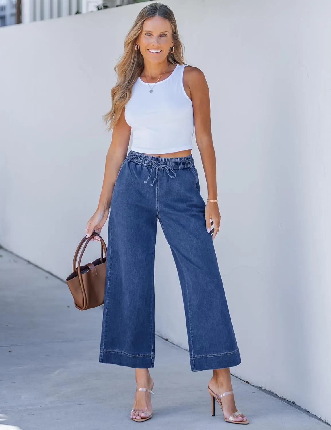 luvamia Wide Leg Jeans for Women High Waisted Cropped Pull On Jeans Elastic Wasit Drawstring Stretch Denim Trouser Pants