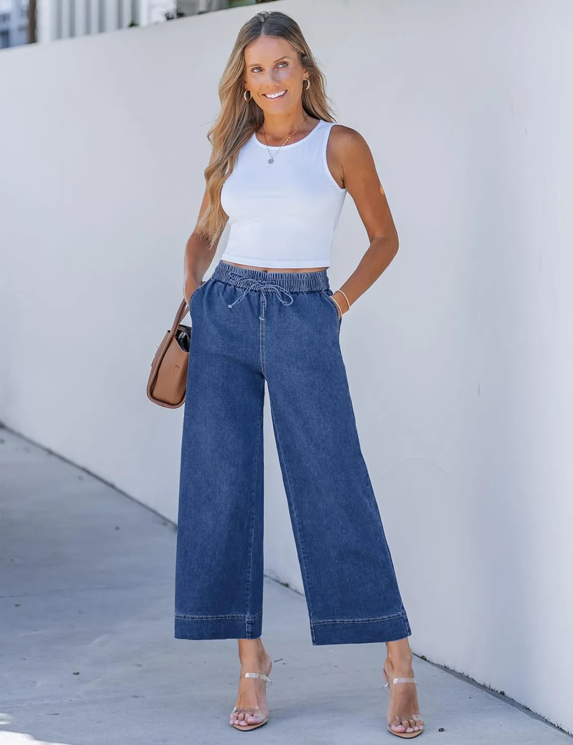 luvamia Wide Leg Jeans for Women High Waisted Cropped Pull On Jeans Elastic Wasit Drawstring Stretch Denim Trouser Pants