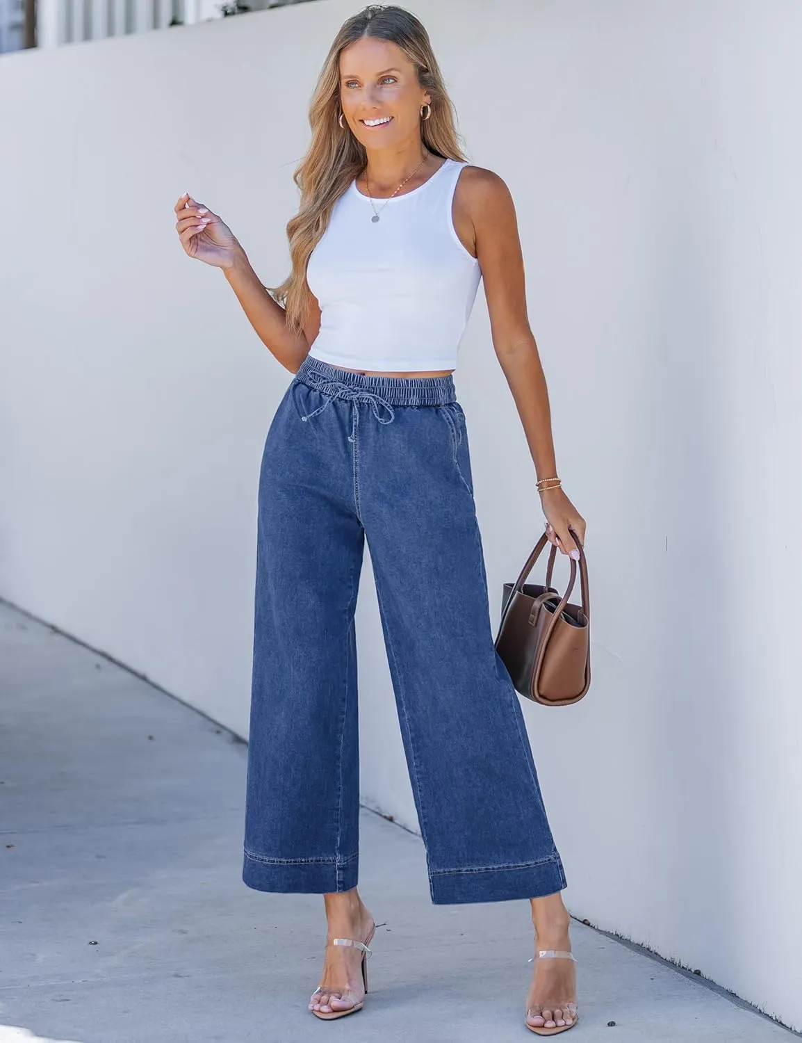 luvamia Wide Leg Jeans for Women High Waisted Cropped Pull On Jeans Elastic Wasit Drawstring Stretch Denim Trouser Pants