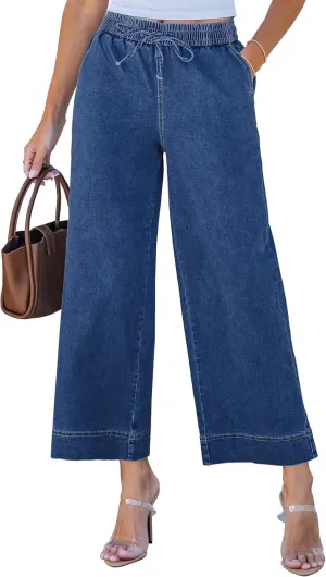 luvamia Wide Leg Jeans for Women High Waisted Cropped Pull On Jeans Elastic Wasit Drawstring Stretch Denim Trouser Pants