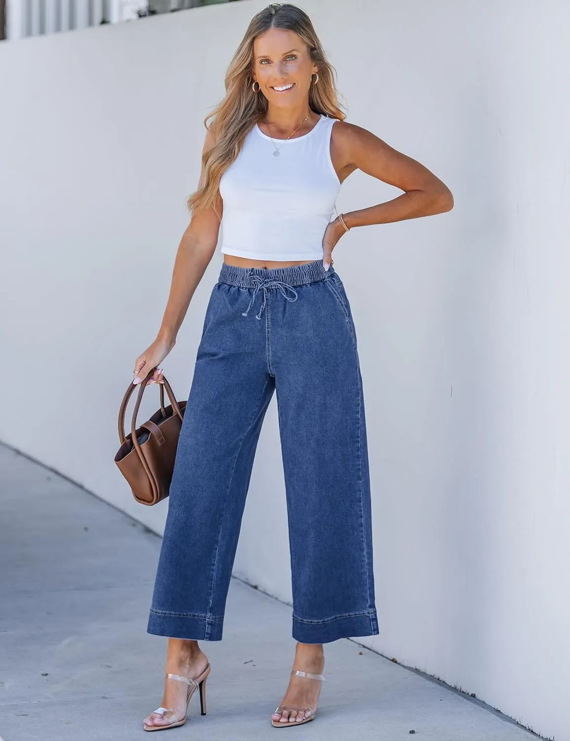 luvamia Wide Leg Jeans for Women High Waisted Cropped Pull On Jeans Elastic Wasit Drawstring Stretch Denim Trouser Pants