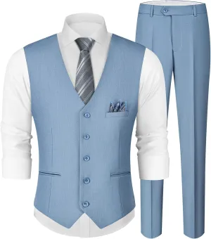 MAGE MALE Men's Linen 2 Piece Suit Slim Fit Wedding Groomsmen Summer Vest Pants Set with Pocket Square