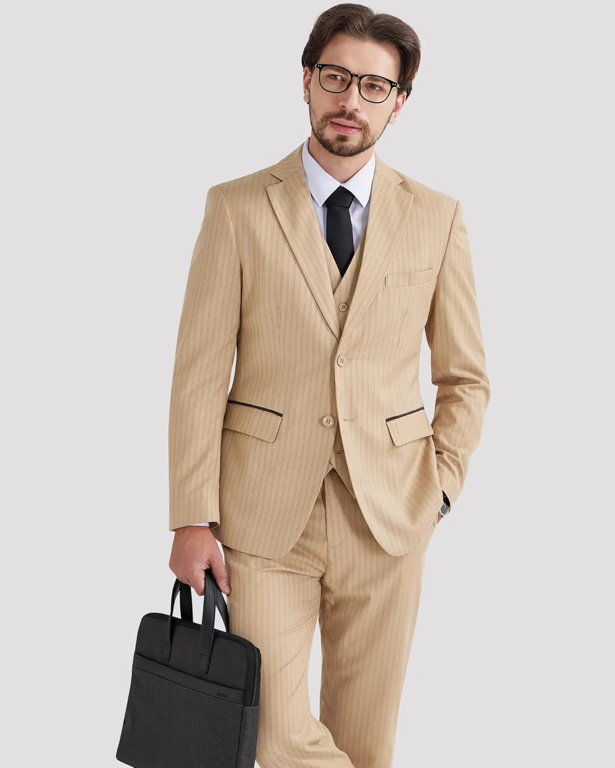 MAGE MALE Mens Pinstripe 3 Piece Suit Slim Fit Elegant Single Breasted Business Wedding Party Blazer Vest& Pants Set