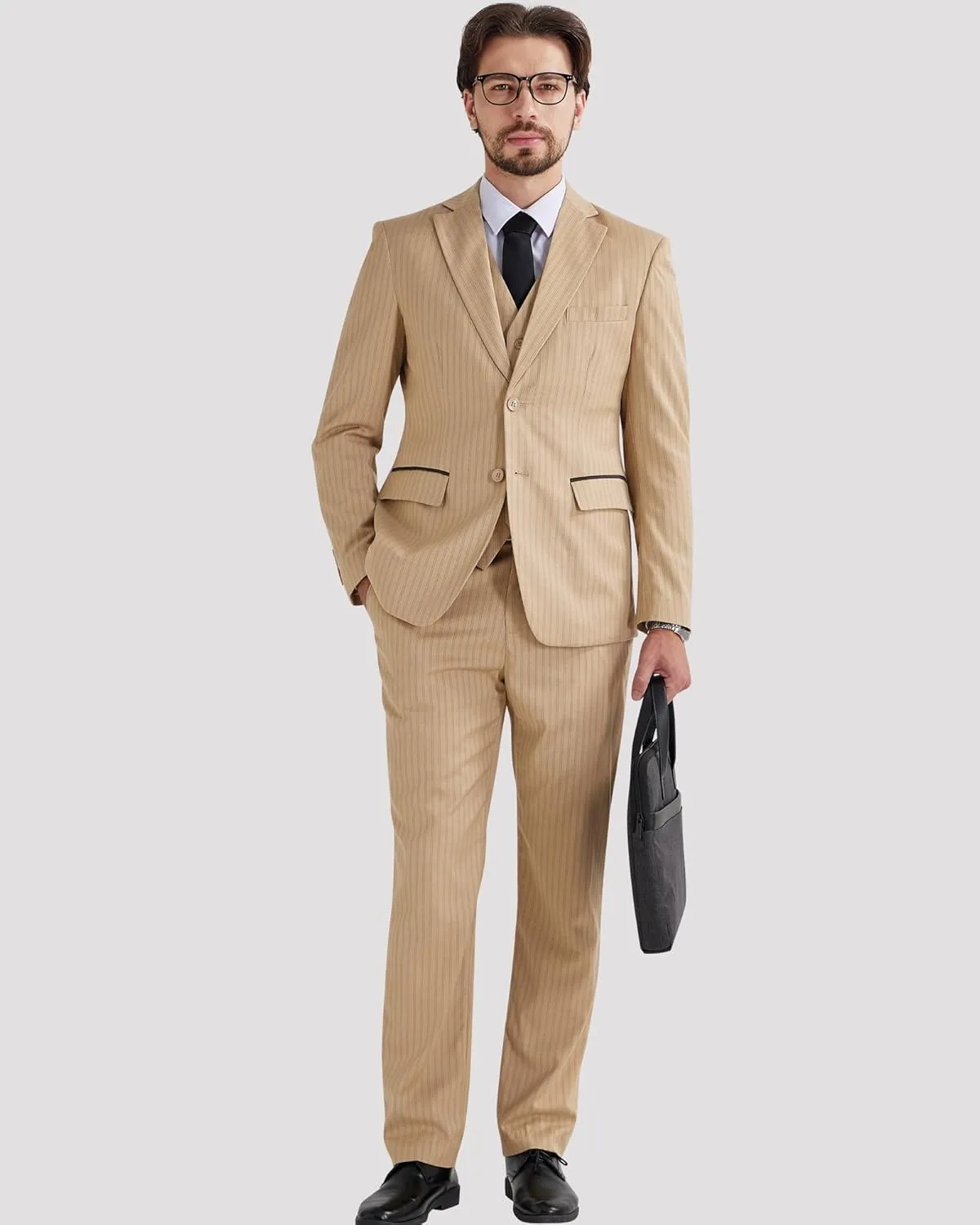 MAGE MALE Mens Pinstripe 3 Piece Suit Slim Fit Elegant Single Breasted Business Wedding Party Blazer Vest& Pants Set