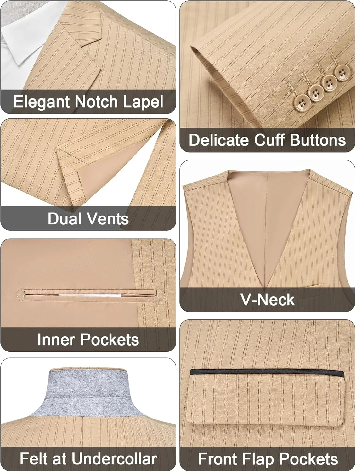 MAGE MALE Mens Pinstripe 3 Piece Suit Slim Fit Elegant Single Breasted Business Wedding Party Blazer Vest& Pants Set
